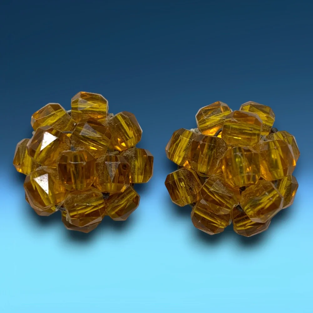 Vintage 1960's Western Germany Amber Colored Beaded Cluster Earrings Clip On